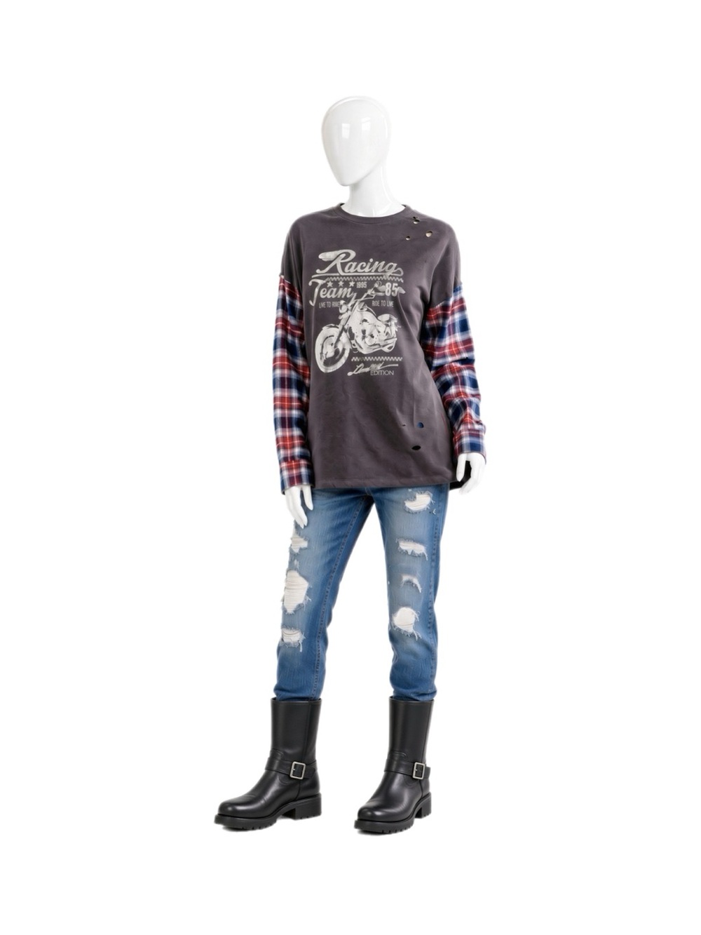 BAEVELY distressed motorcycle tee flannel sleeves S M L